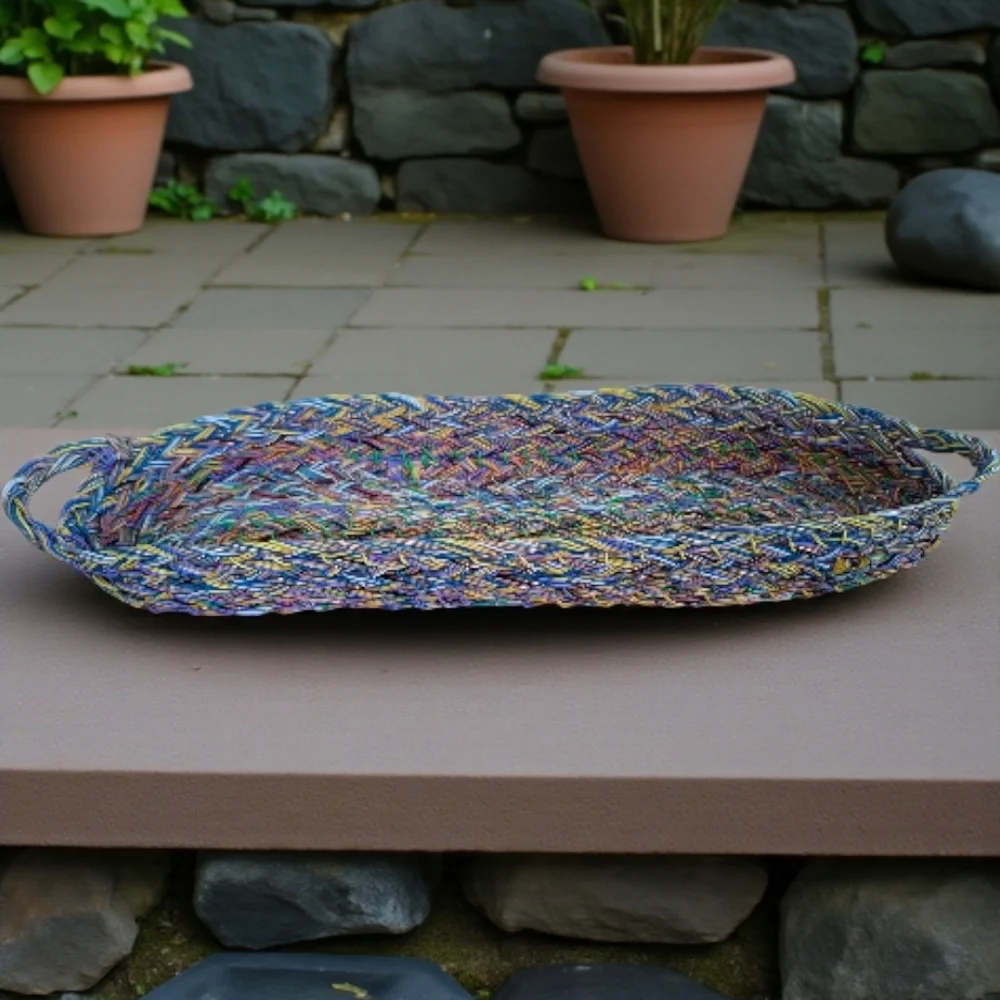 Handwoven Original Multicolor Wire Basket Tray with Handles Boho Basket - Picture 2 of 13